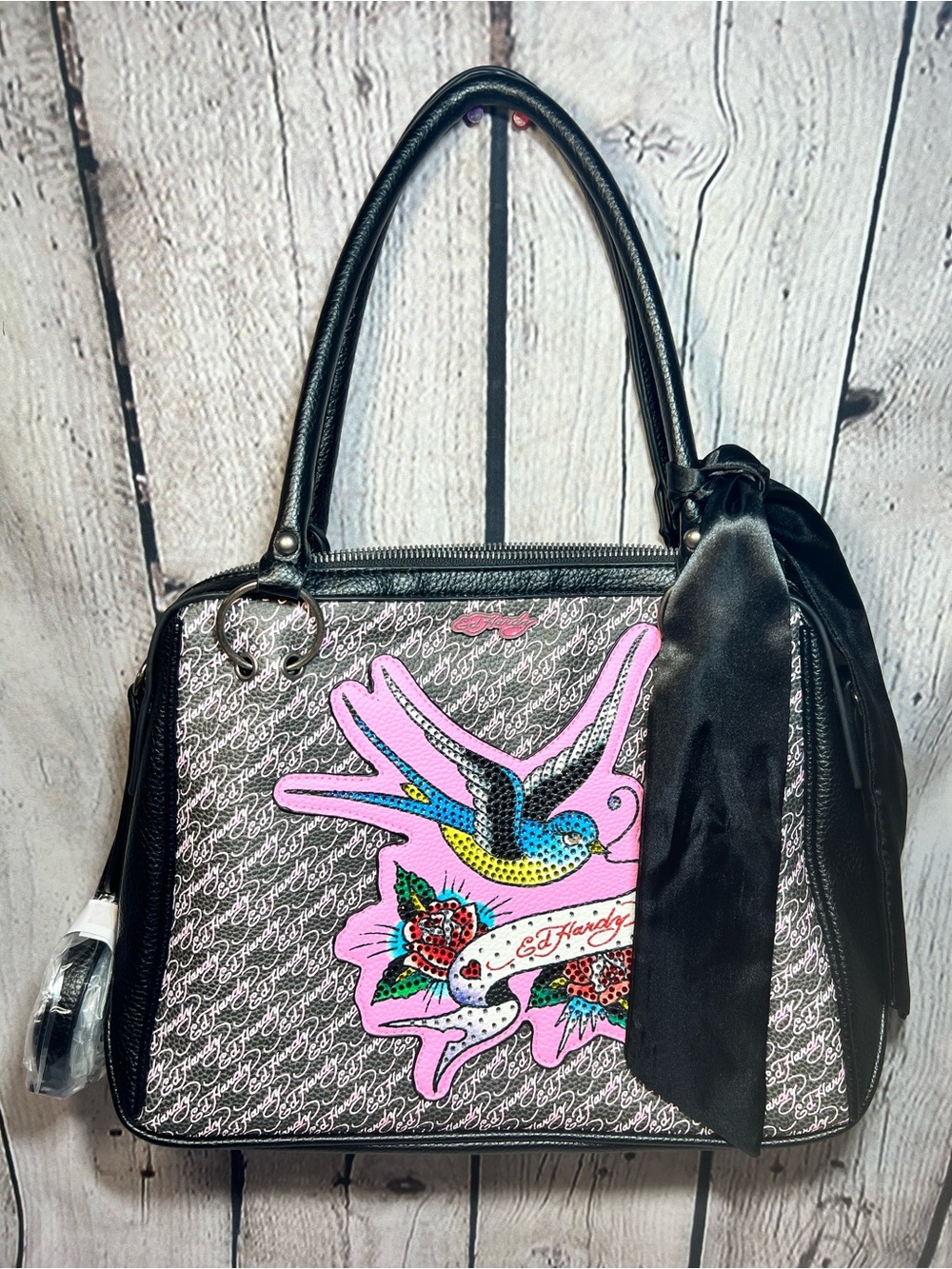 Ed Hardy Black Satchel with Pink Bird Graphic